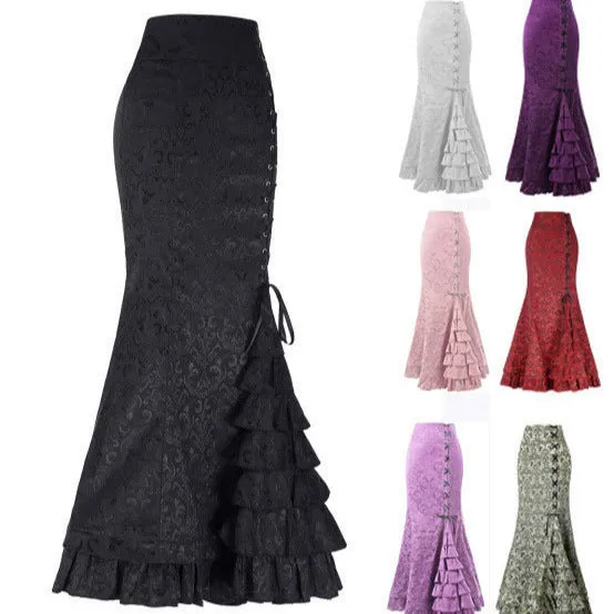 Wenkouban Halloween Jacquard Fishtail Skirt Steampunk Retro Skirt Gothic Skirt Victoria Maxi Skirt