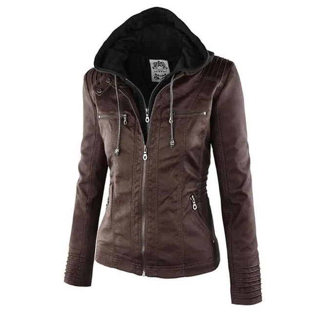 Women Faux Leather Hooded Jacket Female Slim Fit Short Motorcycle Jacket