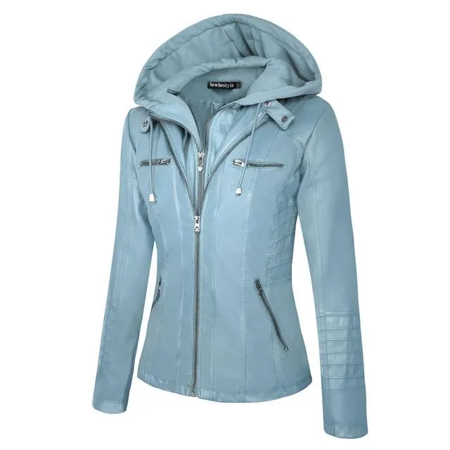 Women Faux Leather Hooded Jacket Female Slim Fit Short Motorcycle Jacket