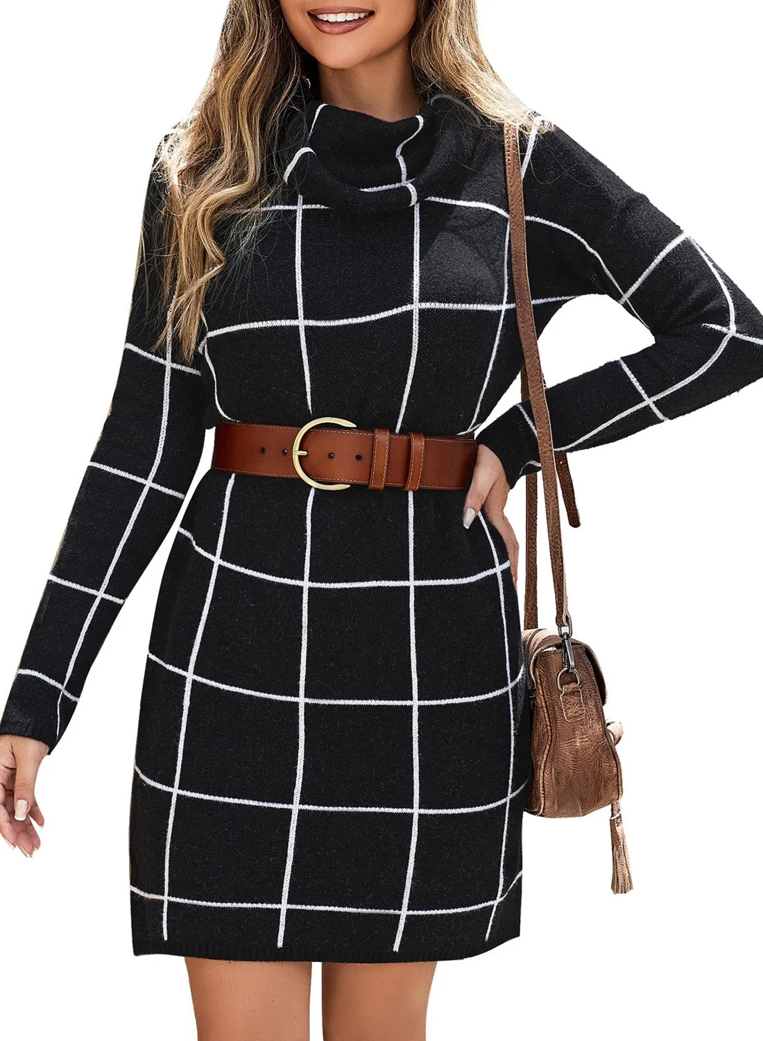 Women's Casual Long Sleeve Turtleneck Knit Long Pullover Sweater Tunic Dress