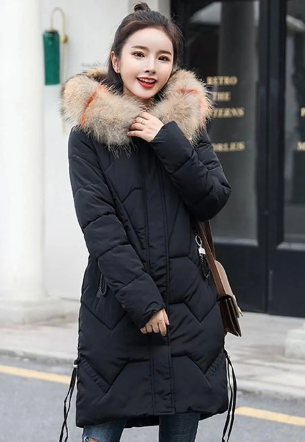 Womens Casual Puffer Coat with Faux Fur Hood in Caramel Brown