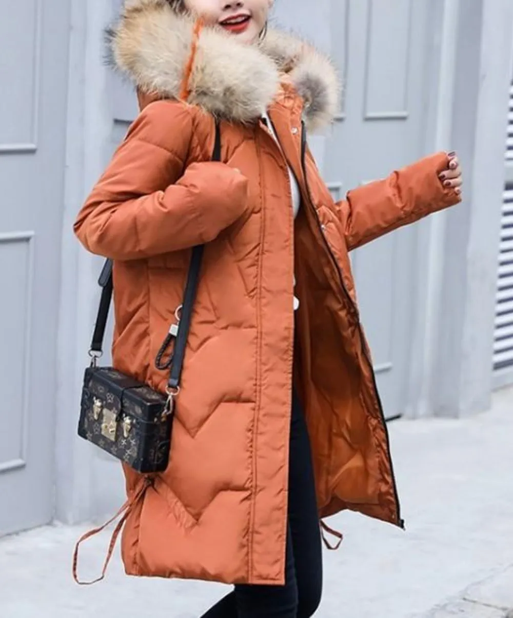 Womens Casual Puffer Coat with Faux Fur Hood in Caramel Brown