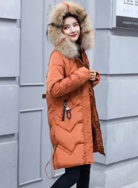 Womens Casual Puffer Coat with Faux Fur Hood in Caramel Brown