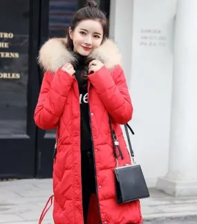 Womens Casual Puffer Coat with Faux Fur Hood in Red