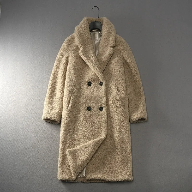 Women's Loose Lapel Over Knee Long Soft Waxy Teddy Coat Jacket