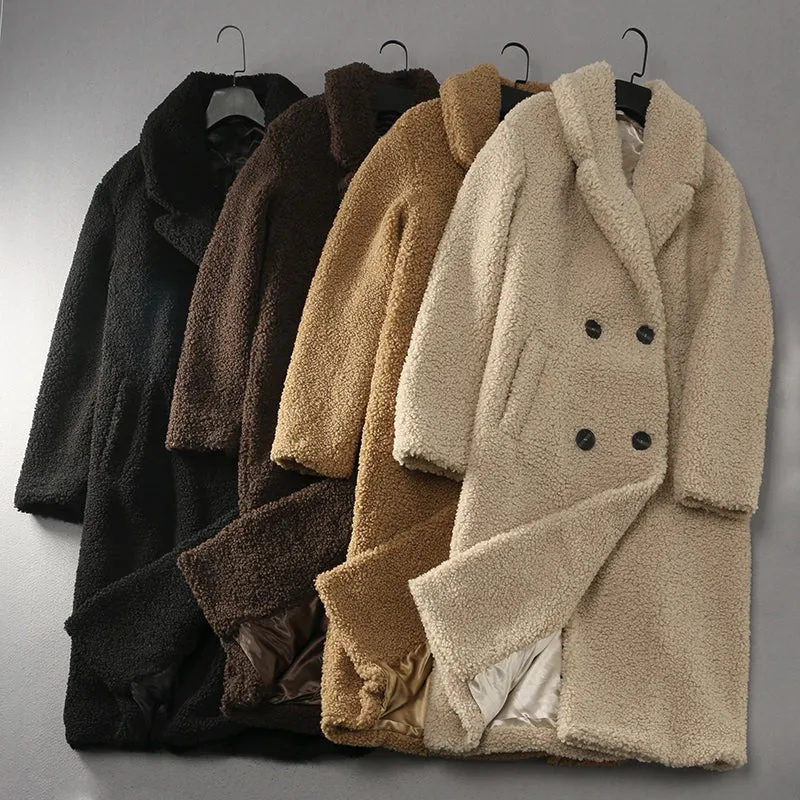 Women's Loose Lapel Over Knee Long Soft Waxy Teddy Coat Jacket