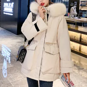 Womens Mid Length Zipper Coat with Furry Hood