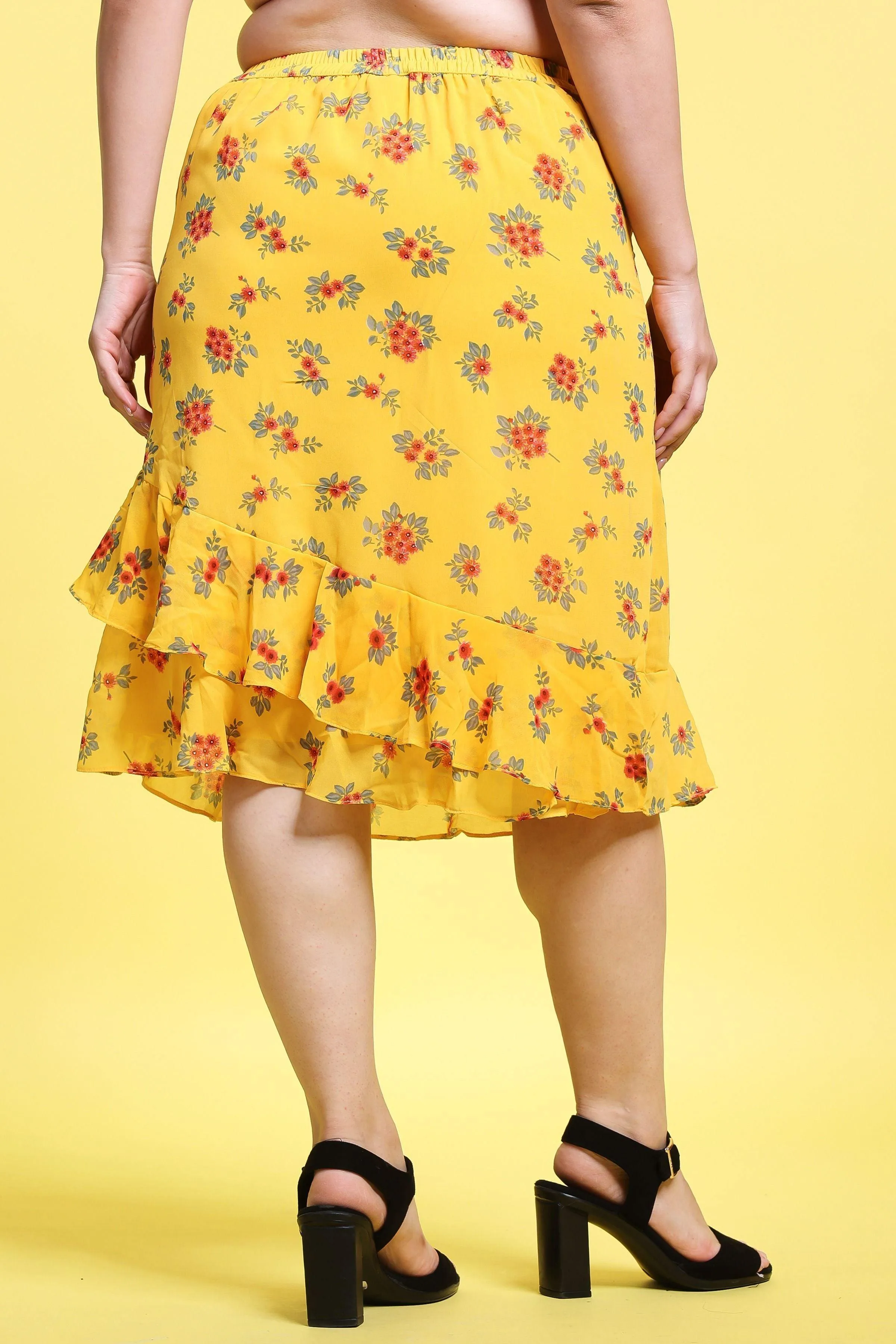 Yellow Floral Printed Layered Skirt