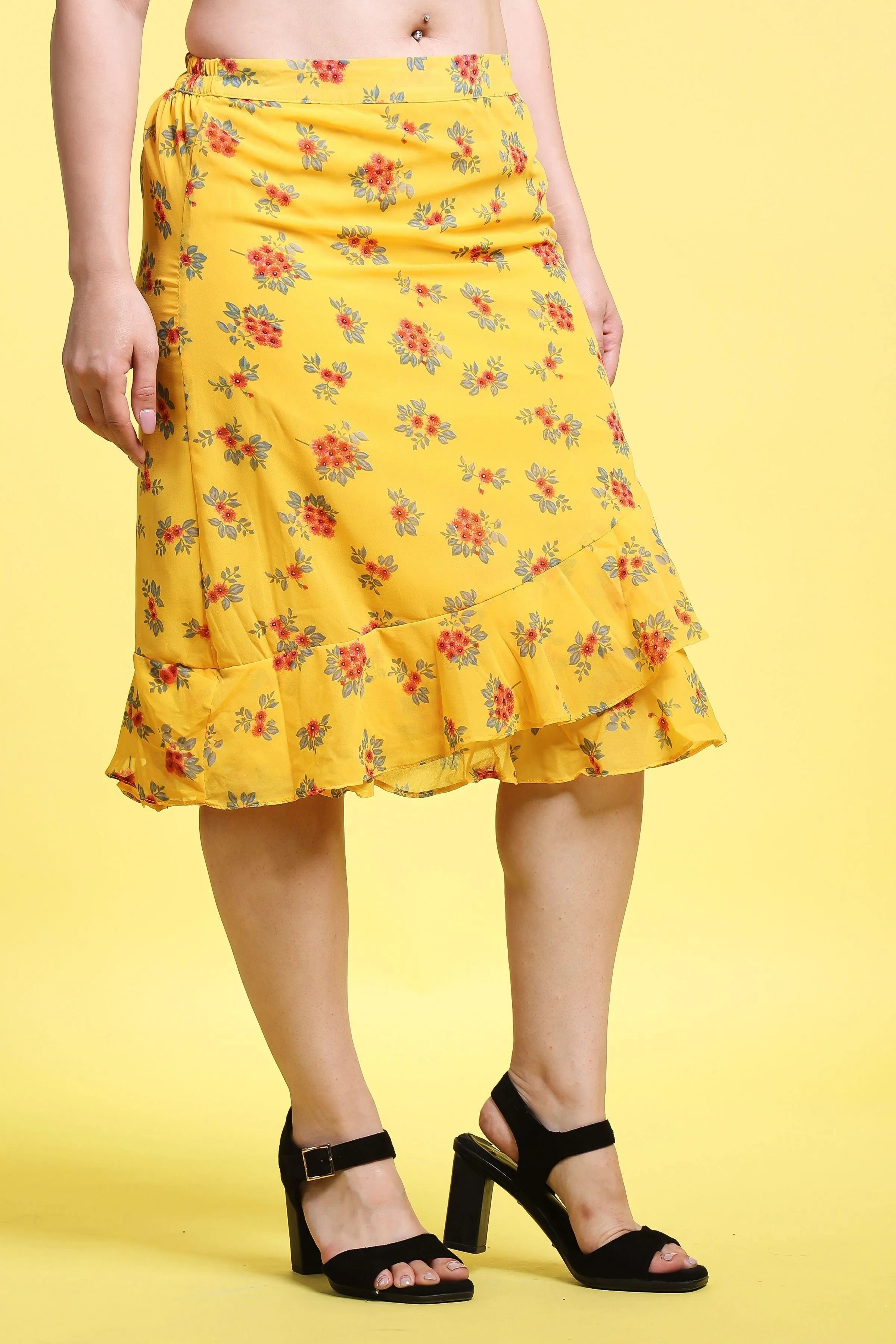 Yellow Floral Printed Layered Skirt