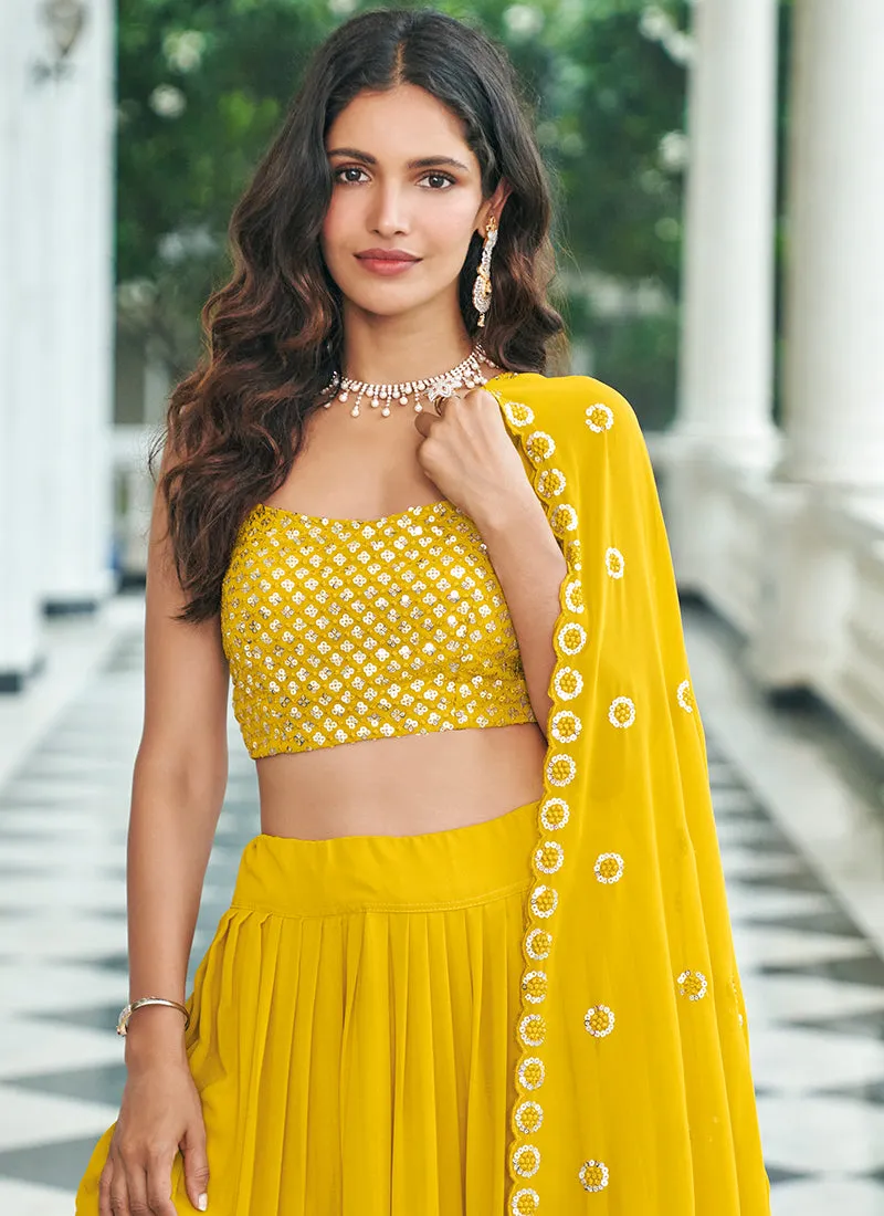 Yellow Sequence Embroidery Cape Style Lehenga Choli With Belt