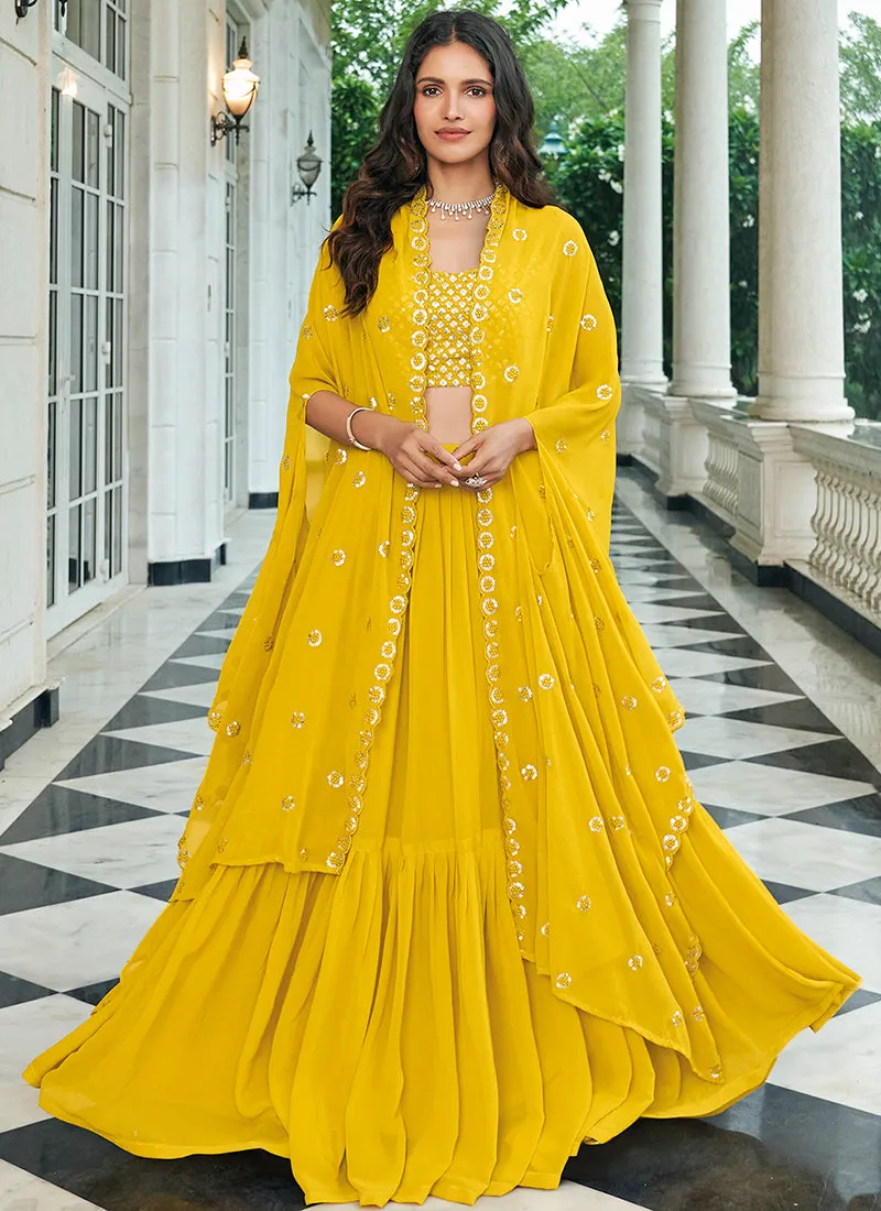 Yellow Sequence Embroidery Cape Style Lehenga Choli With Belt