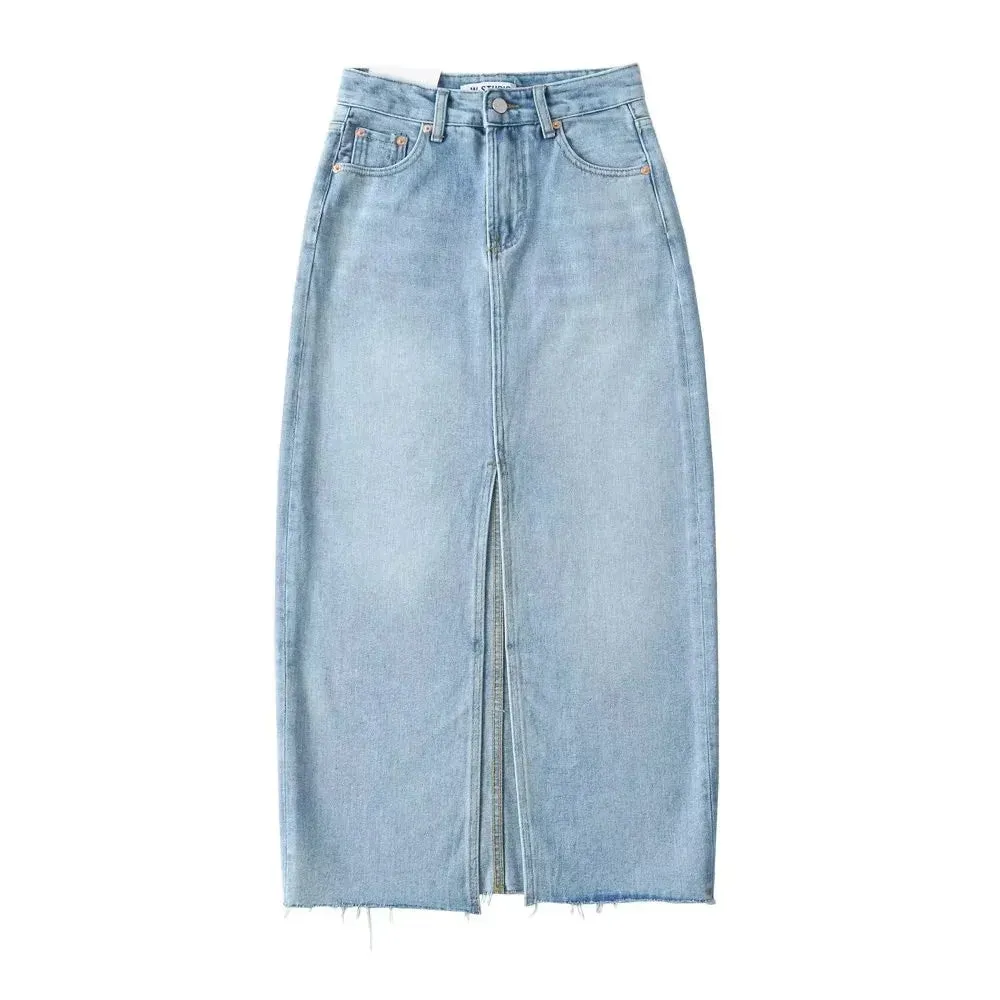 YESMYTOOL  -   Long Denim Skirt Women Blue Streetwear High Waist Front Split Raw Edge Vintage Maxi Jeans Skirt Spring Summer Casual